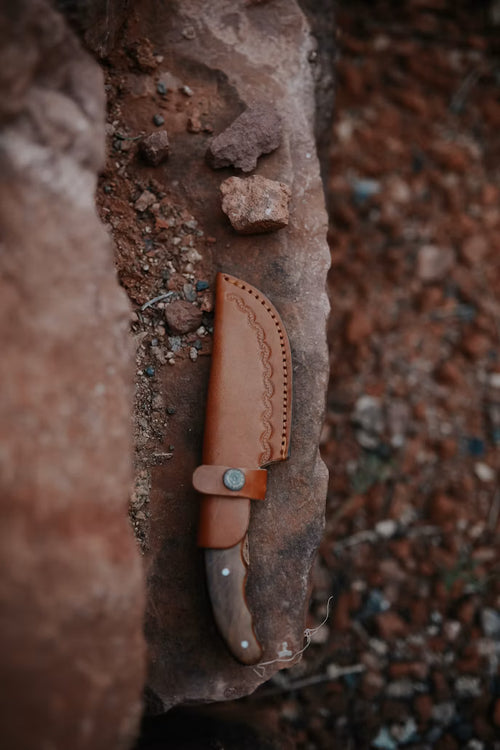 Handcrafted leather knife sheath and knife cover with border tooling and single strap snap closure.