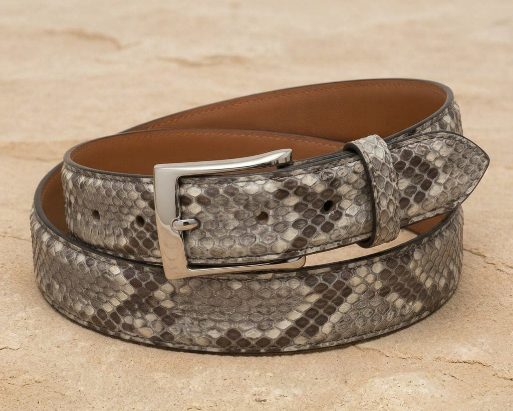 Handcrafted exotic python-print leather belt by Pellame Fino with a silver-tone buckle, coiled on a sandy beige surface