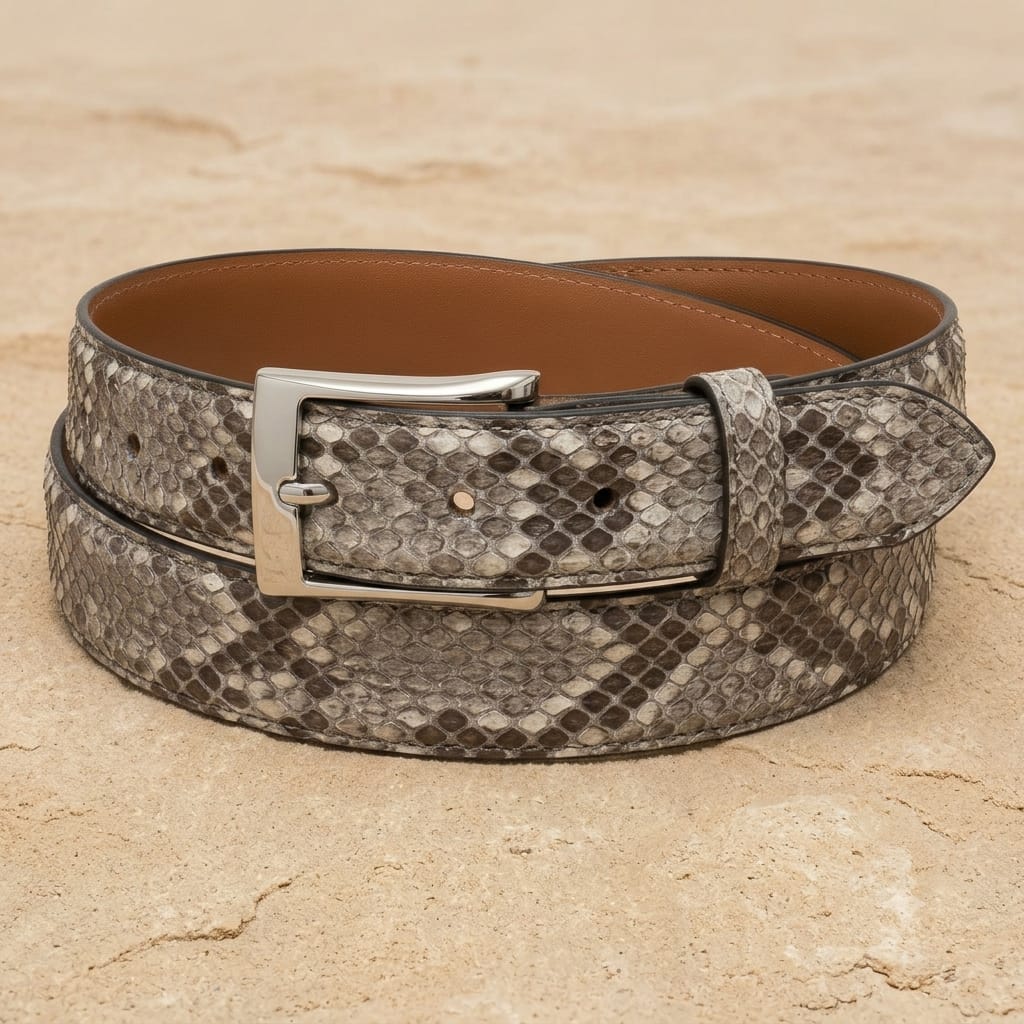 Handcrafted exotic python-print leather belt by Pellame Fino with a silver-tone buckle, coiled on a sandy beige surface